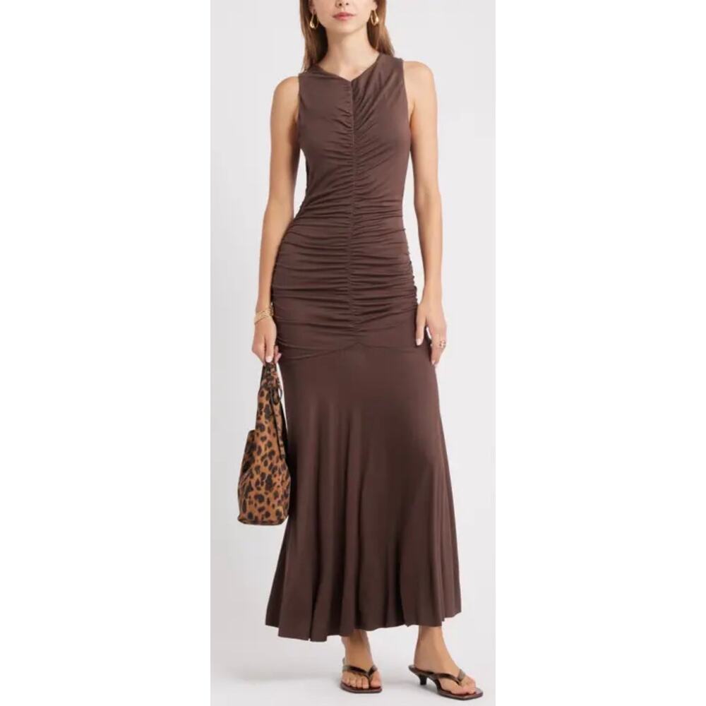 Open Edit Brown Ruched Sleeveless Maxi Dress Size Small‎ NEW